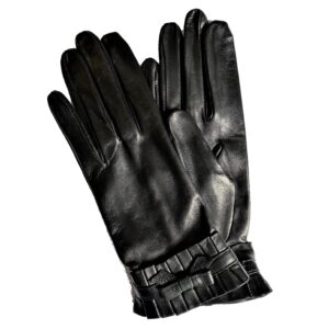 Gants en cuir noir. Gants doublés soie. Gants femme. Vue face dorsale.