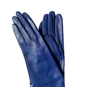 Gants en cuir bleu cobalt. Gants doublés cachemire. Gants femme. Modèle Göteborg. Vue face dorsale.