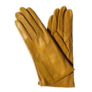 Gants en cuir jaune ocre. Gants doublés cachemire. Gants femme. Modèle Göteborg. Vue face dorsale.