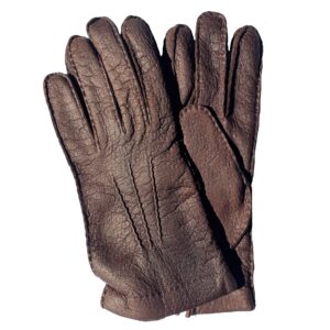 Gants en cuir de pécari marron. Gants doublés cachemire. Gants homme. Modèle La Paz. Vue face dorsale.