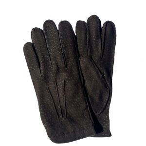 Gants en cuir de carpincho marron mocca. Gants doublés cachemire. Gants homme. Modèle Mendoza. Vue face dorsale.