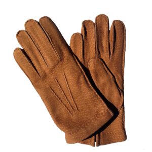 Gants en cuir de carpincho tabac camel. Gants doublés cachemire. Gants homme. Modèle Mendoza. Vue face dorsale.