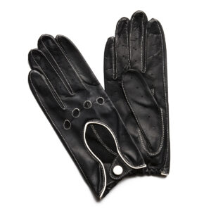 Gants de conduite en cuir. Gants femme noir bord crème non doublé. Modèle Monza. Vue face dorsale.