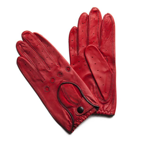 Gants de conduite en cuir. Gants femme rouge bord noir non doublé. Modèle Monza. Vue face dorsale.