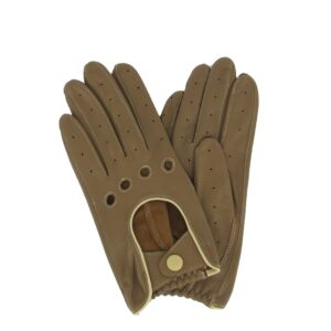 Gants de conduite en cuir. Gants femme sable bord crème non doublé. Modèle Monza. Vue face dorsale.