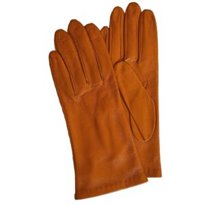 Gants en cuir miel orangé. Gants femme doublés soie. Modèle Naples. Vue face dorsale.