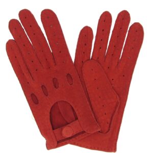 Gants de conduite en cuir de pécari rouge. Gants non doublés. Gants femme. Modèle Punta Arénas. Vue face dorsale.