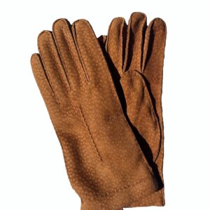 Gants en cuir de carpincho tabac. Gants doublés cachemire. Gants femme. Modèle Rosario. Vue face dorsale.