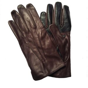 Gants en cuir d'agneau marron. Gants homme. Gants tactile. Vue face dorsale.