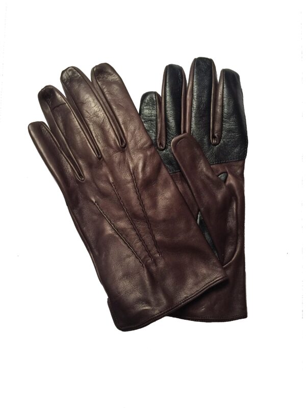 Gants en cuir d'agneau marron. Gants homme. Gants tactile. Vue face dorsale.