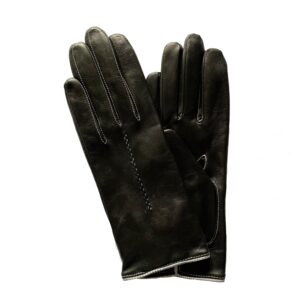Gants en cuir noir rebord imprimé cuir type Galles. Gants doublés soie. Gants femme. Vue face dorsale.