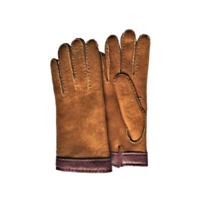 Gants en cuir camel. Gants en mouton retourné. Fourrure curly. Gants femme. Vue face dorsale.