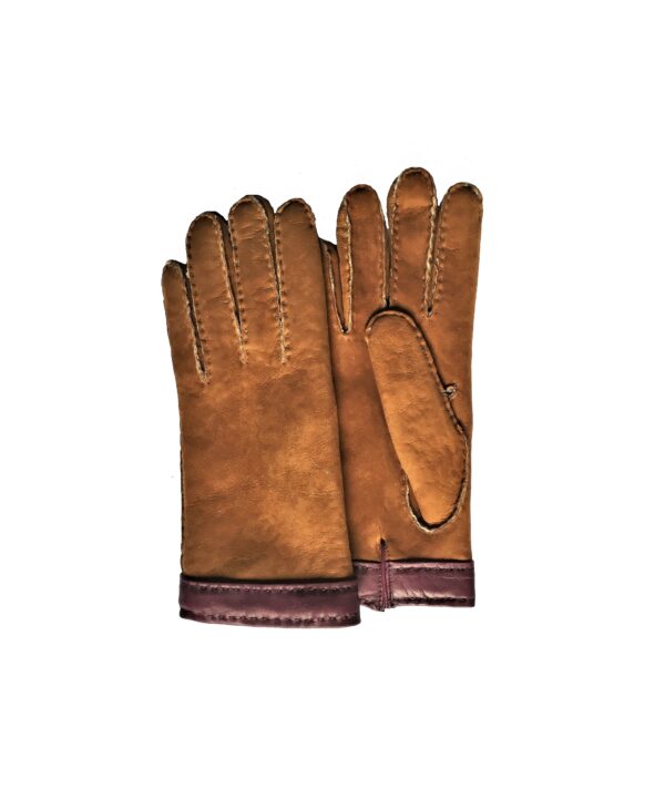 Gants en cuir camel. Gants en mouton retourné. Fourrure curly. Gants femme. Vue face dorsale.