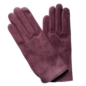 Gants en cuir suede aubergine. Gants doublés laine. Gants femme. Modèle Berne. Vue face dorsale.