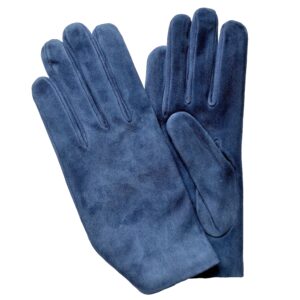 Gants en cuir suede bleu cobalt. Gants doublés laine. Gants femme. Modèle Berne. Vue face dorsale.