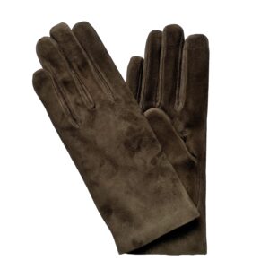 Gants en cuir suede marron. Gants doublés laine. Gants femme. Modèle Berne. Vue face dorsale.