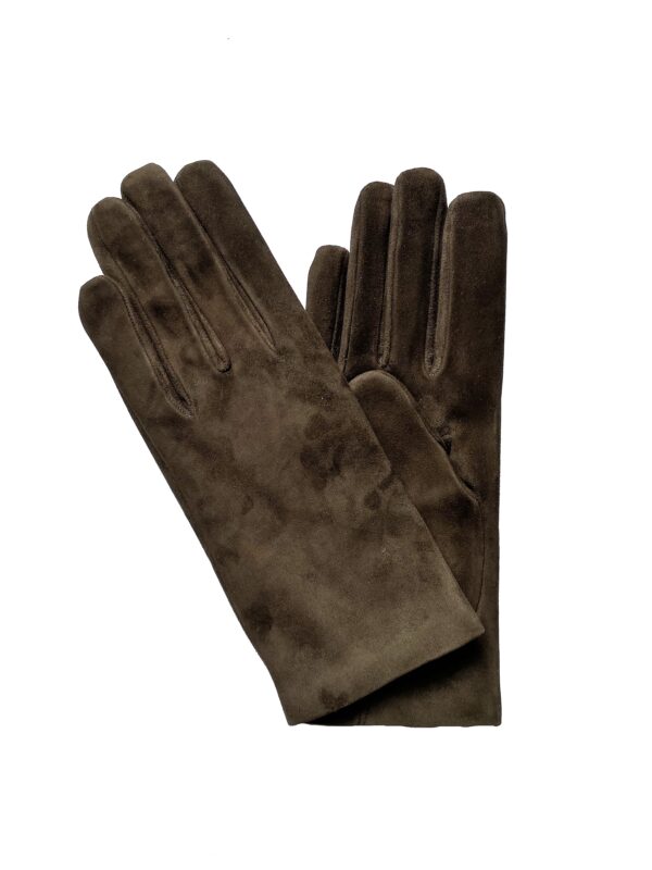 Gants en cuir suede marron. Gants doublés laine. Gants femme. Modèle Berne. Vue face dorsale.