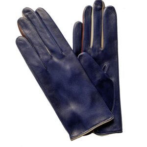 Gants en cuir bleu nuit. Gants entre doigts couleur. Gants femme doublé soie. Modèle Binche. Vue face dorsale.