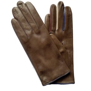 Gants en cuir marron. Gants entre doigts couleur. Gants femme doublé soie. Modèle Binche. Vue face dorsale.