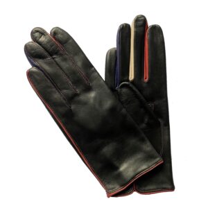 Gants en cuir noir. Gants entre doigts couleur. Gants femme doublé soie. Modèle Binche. Vue face dorsale.