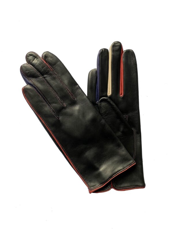 Gants en cuir noir. Gants entre doigts couleur. Gants femme doublé soie. Modèle Binche. Vue face dorsale.