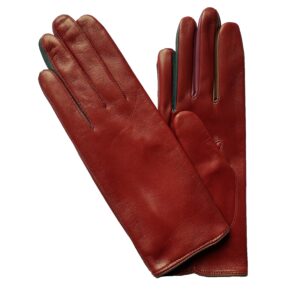 Gants en cuir rouge chili. Gants entre doigts couleur. Gants femme doublé soie. Modèle Binche. Vue face dorsale.