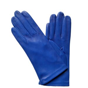 Gants en cuir bleu cobalt. Gants doublés soie. Gants femme. Modèle Brindisi. Vue face dorsale.