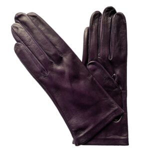 Gants en cuir violet. Gants doublés soie. Gants femme. Modèle Brindisi. Vue face dorsale.
