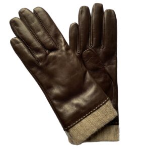 Gants en cuir d'agneau marron. Gants doublé laine. Gants femme. Vue face dorsale.