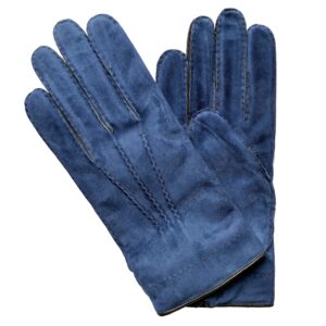 Gants en cuir d'agneau suède bleu marron. Gants doublés laine. Gants homme. Vue face dorsale.