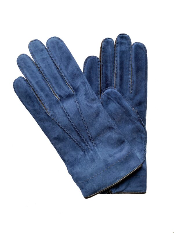 Gants en cuir d'agneau suède bleu marron. Gants doublés laine. Gants homme. Vue face dorsale.