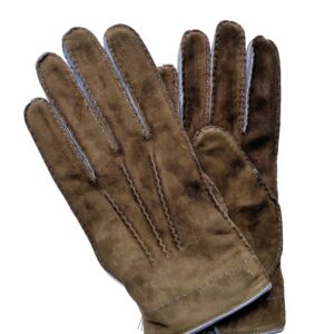 Gants en cuir d'agneau suede marron bleu. Gants doublés laine. Gants homme. Vue face dorsale.