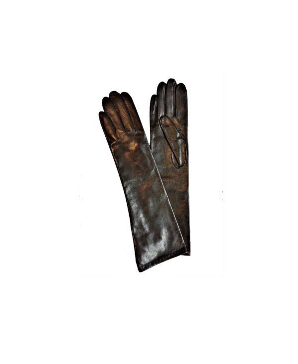 Gants en cuir lisse noir. Gants long 8 boutons (40 cm). Gants femme doublés soie. Modèle Florence. Vue face dorsale..