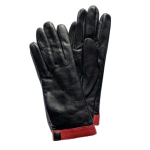Gants en cuir noir bord rouge. Gants femme doublés cachemire. Modèle Hanovre. Vue face dorsale.