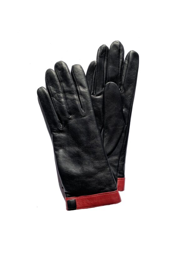 Gants en cuir noir bord rouge. Gants femme doublés cachemire. Modèle Hanovre. Vue face dorsale.