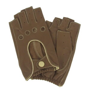Mitaines en cuir sable rebord crème. Modèle Imola. Gants en cuir non doublés. Vue face dorsale.
