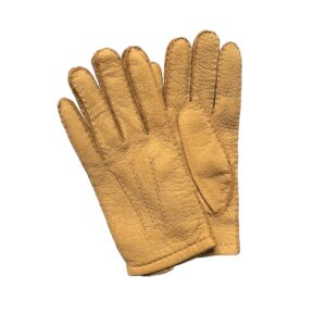 Gants en cuir de pécari camel naturel. Gants pécari doublé cachemire homme. Modèle La Paz. Vue face dorsale.