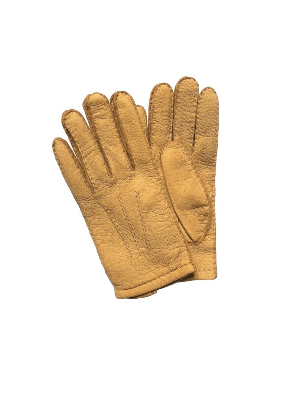 Gants en cuir de pécari camel naturel. Gants pécari doublé cachemire homme. Modèle La Paz. Vue face dorsale.