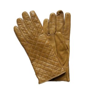 Gants en cuir matelassé café. Gants doublés cachemire. Gants femme. Modèle Lyon. Vue face dorsale.