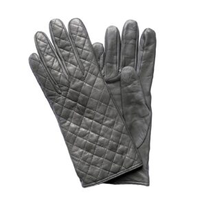 Gants en cuir matelassé gris. Gants doublés cachemire. Gants femme. Modèle Lyon. Vue face dorsale.