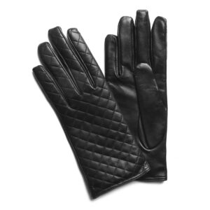 Gants en cuir matelassé noir. Gants doublés cachemire. Gants femme. Modèle Lyon. Vue face dorsale.