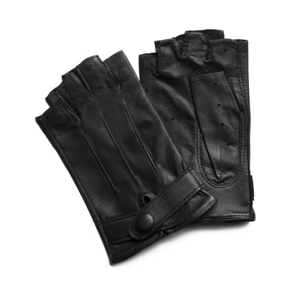 Mitaines en cuir noir. Modèle Milano. Gants en cuir non doublé. Vue face dorsale.