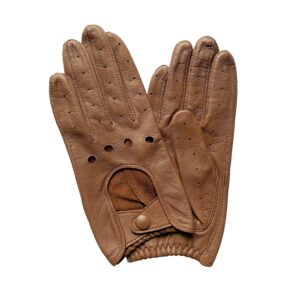 Gants de conduite en cuir. Gants femme cognac non doublé. Modèle Monza. Vue face dorsale.