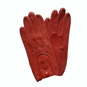 Gants de conduite en cuir. Gants femme rouge non doublé. Modèle Monza. Vue face dorsale.