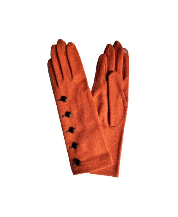 Gants long mixte laine synthétique. Gants orange femme. Gants tactile. Modèle San José. Vue face dorsale.