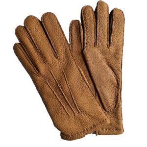 Gants en cuir de pécari camel foncé. Gants femme doublés cachemire. Modèle Sucre. Vue face dorsale.