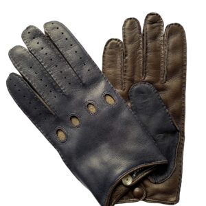 Gants de conduite en cuir d'agneau bicolore marron bleu cobalt. Gants homme doublé laine. Modèle Tsubuka. Vue face dorsale.