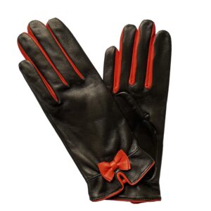 Gants en cuir d'agneau noir nœud rouge. Gants doublé soie. Gants femme. Modèle Vérone. Vue face dorsale.