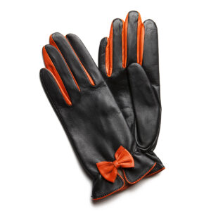 Gants en cuir d'agneau noir nœud orange. Gants doublé soie. Gants femme. Modèle Vérone. Vue face dorsale.