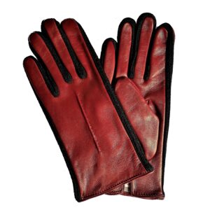 Gants en cuir rouge. Gants femme doublés soie. Modèle Charleroi. Vue face dorsale.